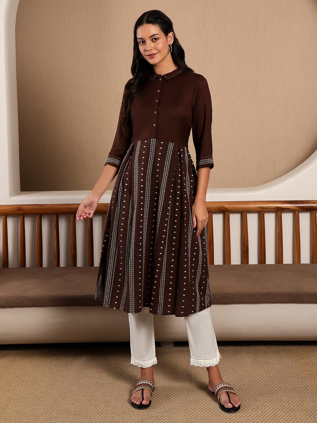 

W Printed Midi Cotton Dress, Brown