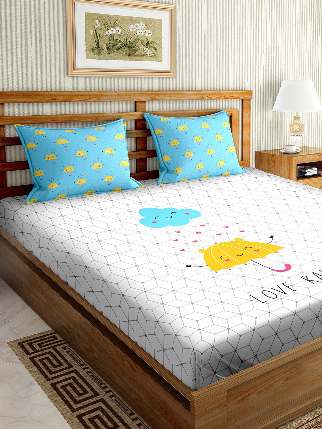 

BELLA CASA White & Blue Geometric 150 TC Cotton King Bedsheet with 2 Pillow Covers