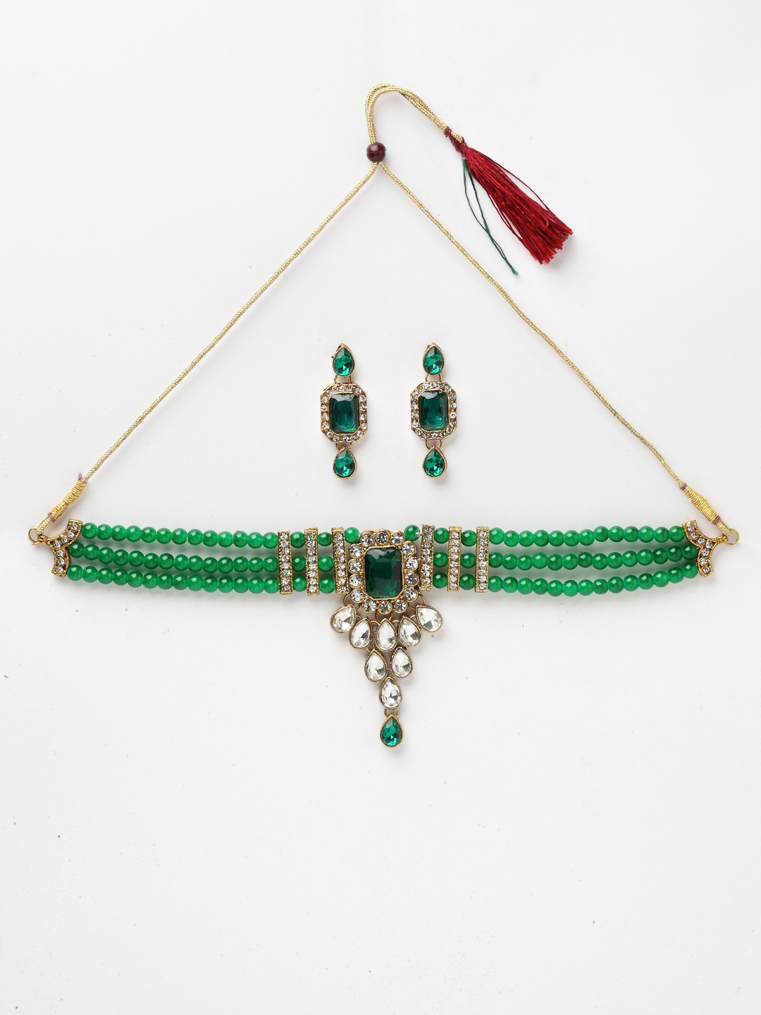 

PANASH Gold-Plated White & Green Kundan-Studded & Beaded Handcrafted Jewellery Set