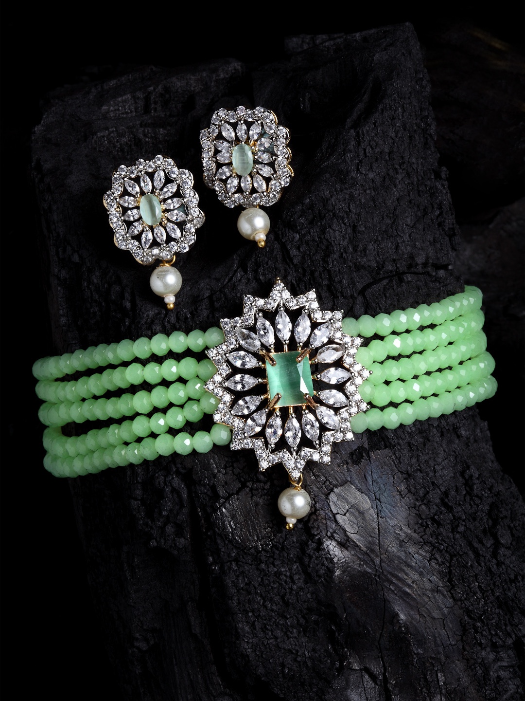 

PANASH Gold-Plated White & Green Studded & Beaded Handcrafted Jewellery Set