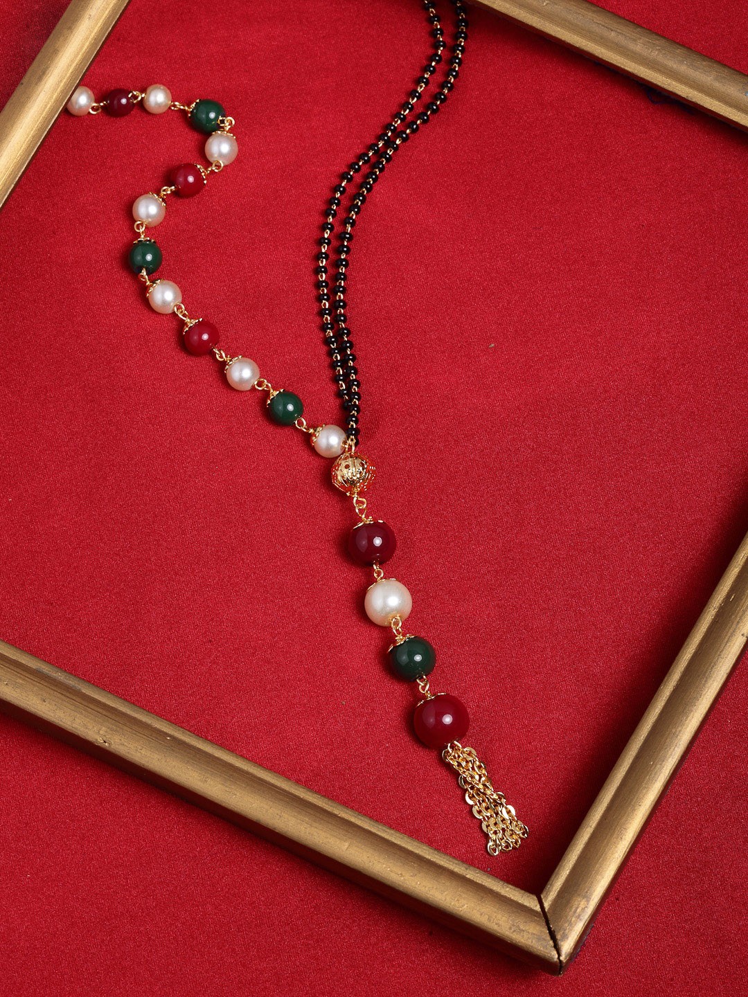 

PANASH Gold-Plated Red & Green Beaded Mangalsutra