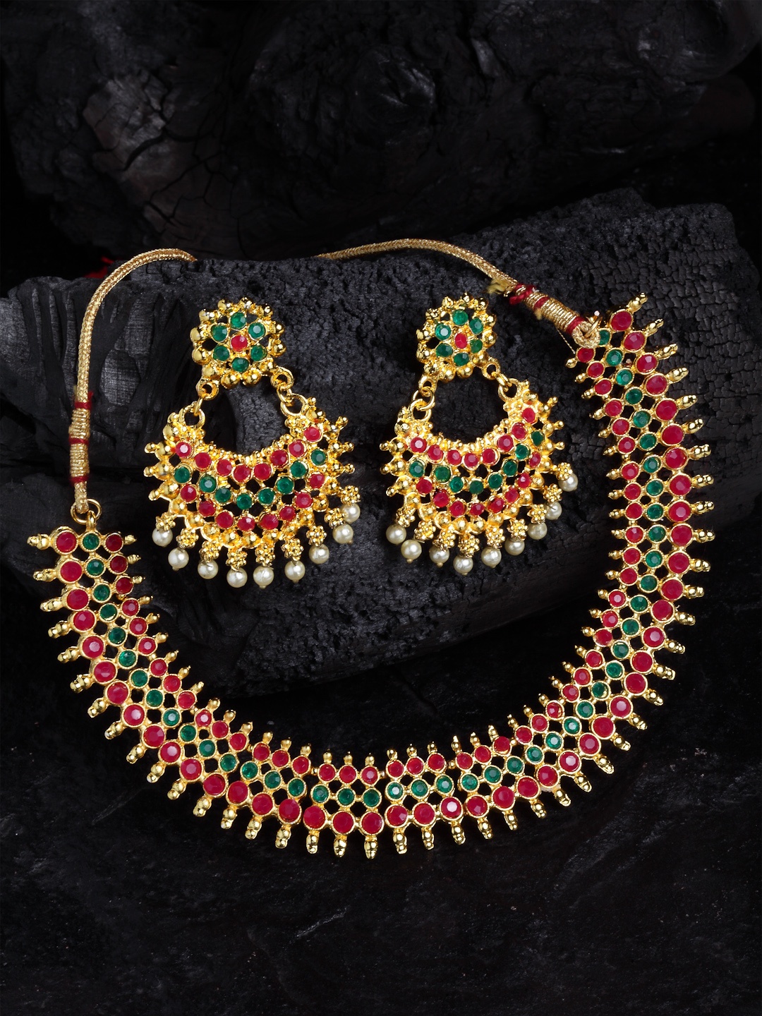 

PANASH Gold-Plated Green & Pink Beaded Temple Jewellery Set