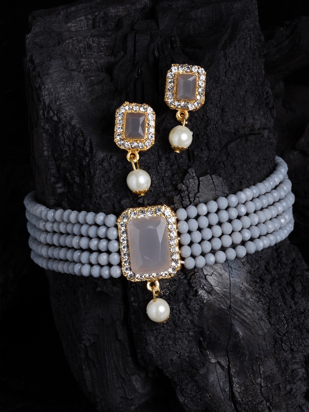 

PANASH Gold-plated Grey & White CZ-Studded & Beaded Handcrafted Jewellery Set