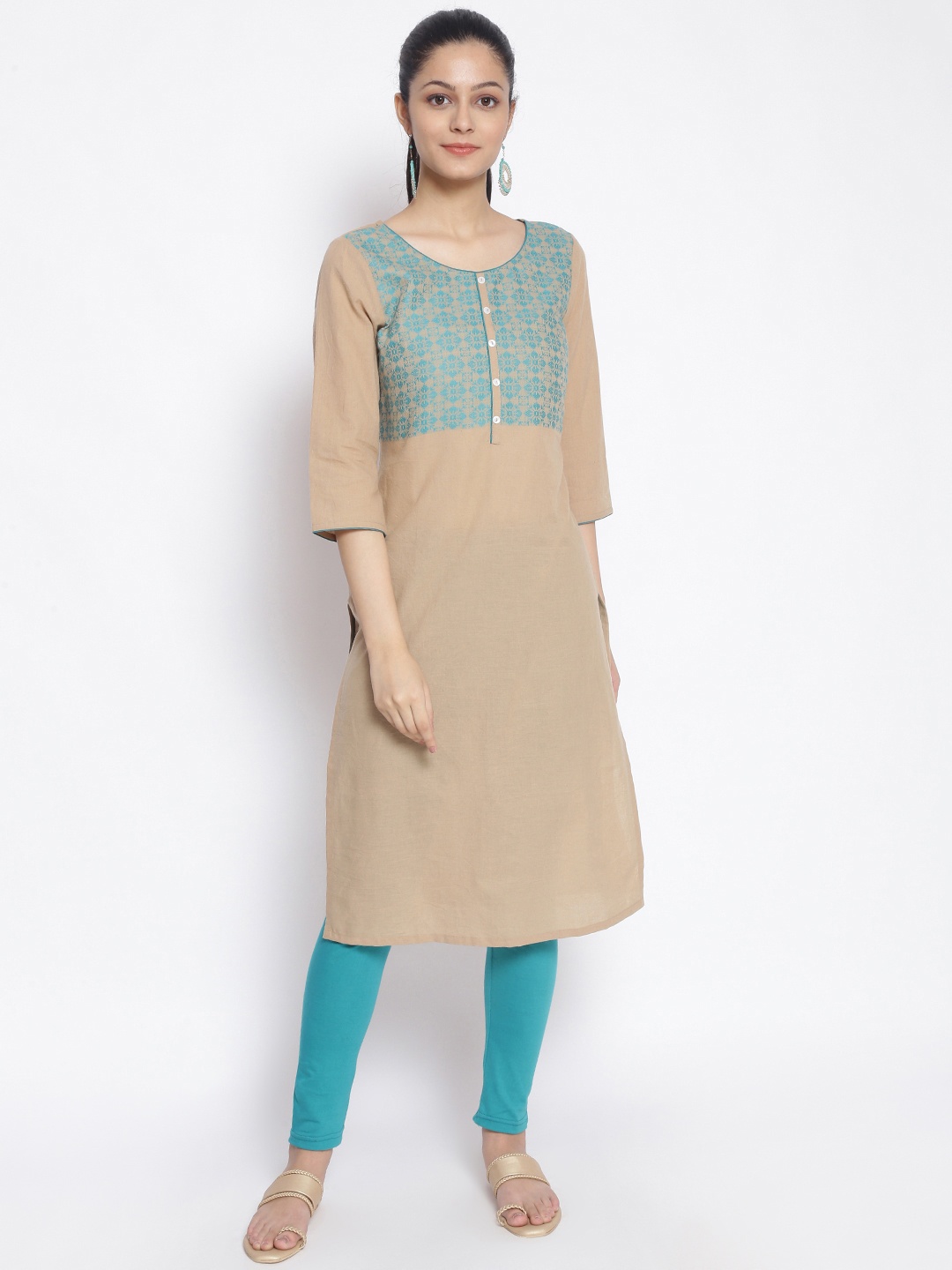 

AURELIA Women Beige & Turquoise Blue Geometric Yoke Design Pure Cotton Straight Kurta