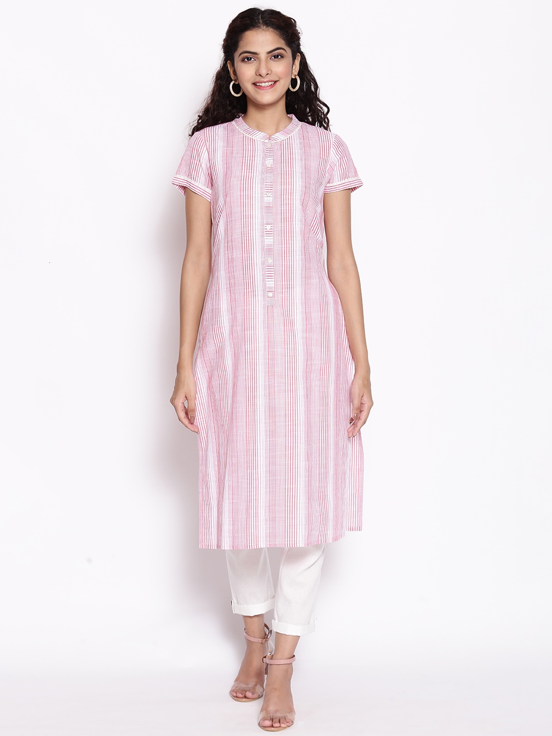 

AURELIA Women Pink & White Striped Kurta