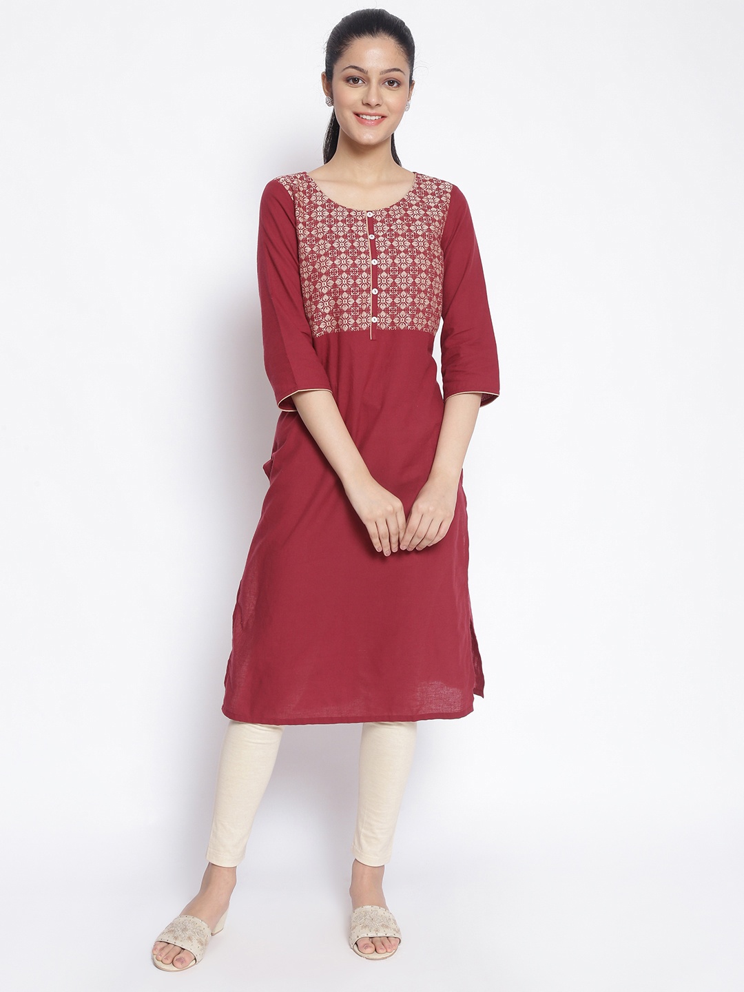 

AURELIA Women Maroon Ethnic Motifs Yoke Design Kurta