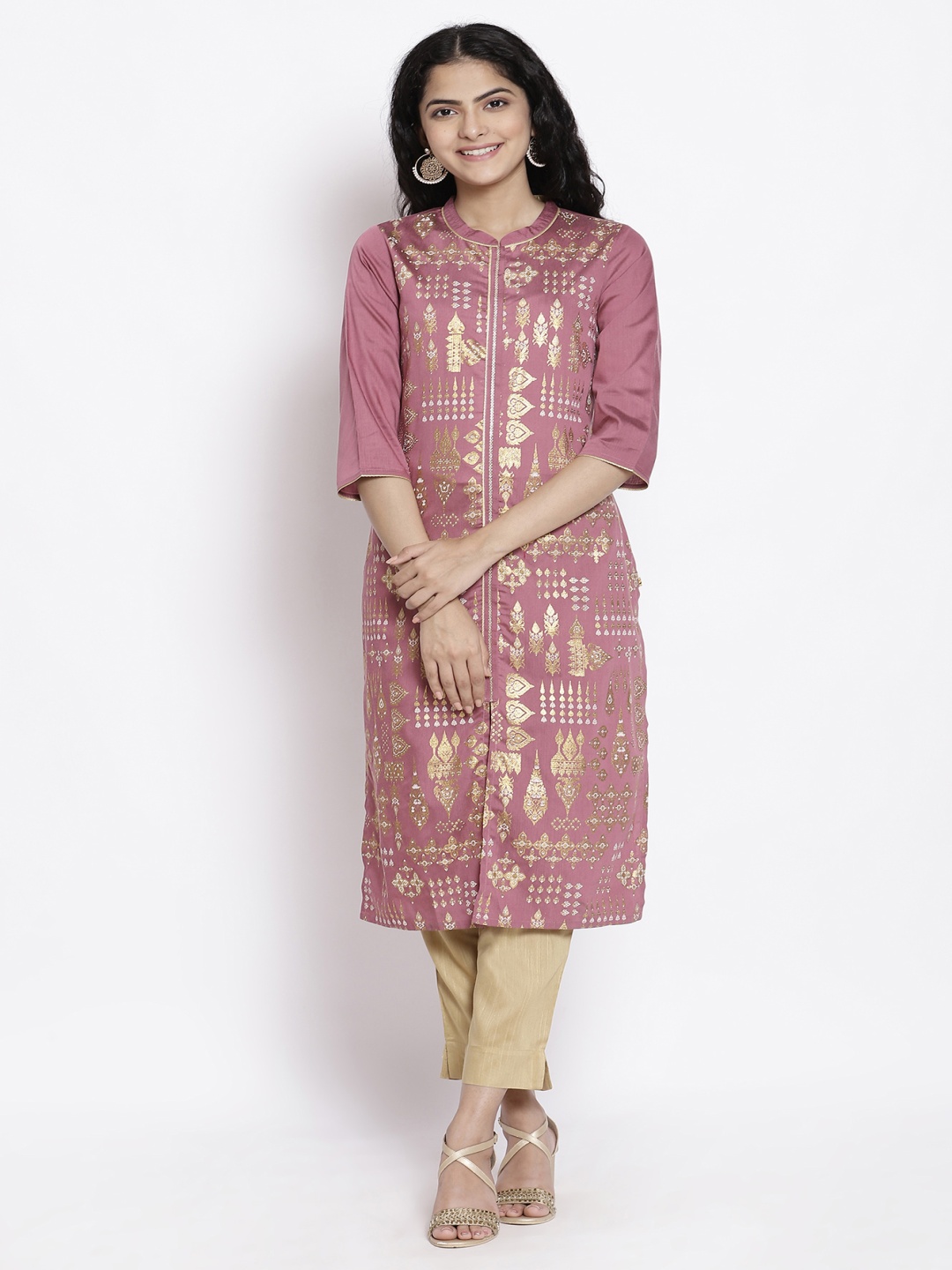 

AURELIA Women Mauve & Gold-Toned Ethnic Motifs Printed Kurta