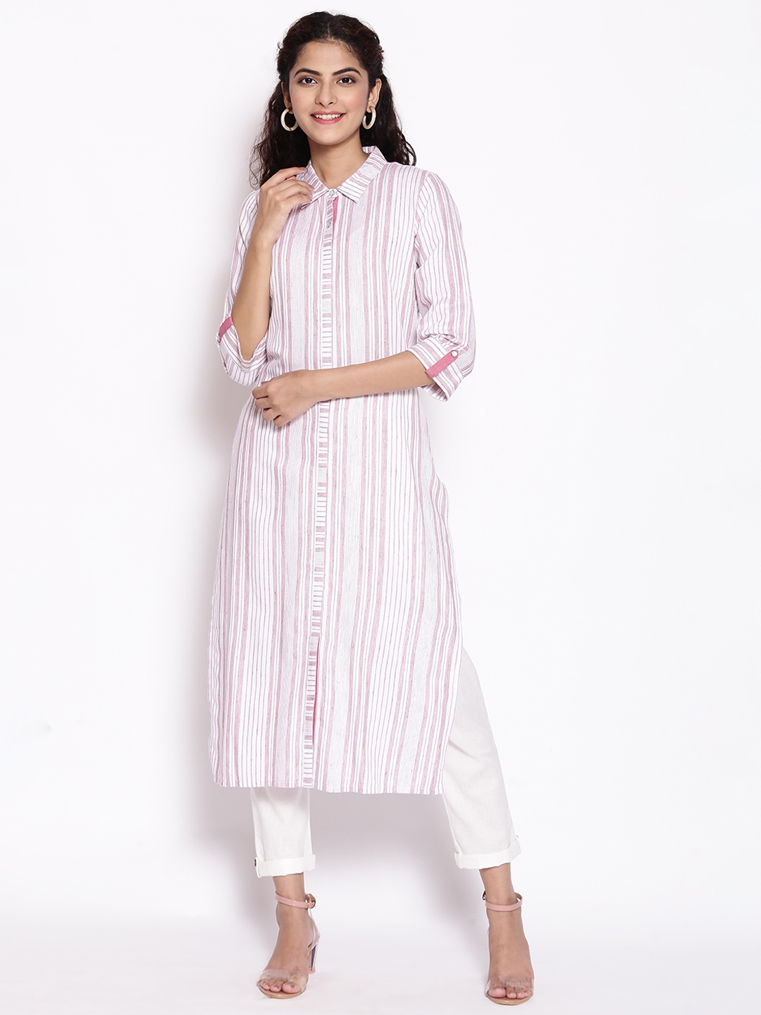

AURELIA Women White & Pink Striped Straight Kurta