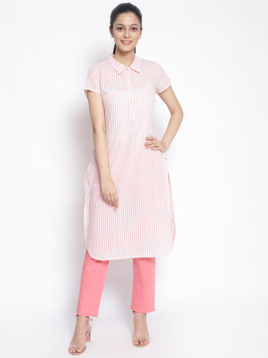 

AURELIA Women Peach-Coloured & White Striped Pathani Kurta