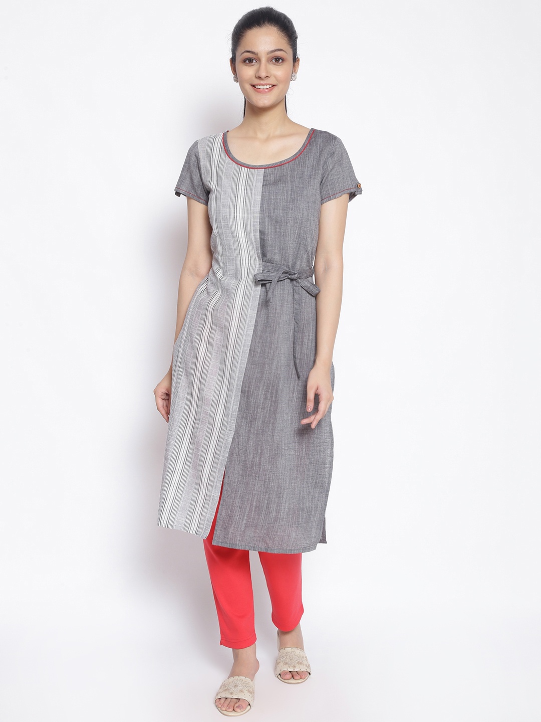 

AURELIA Women Grey & White Striped Kurta