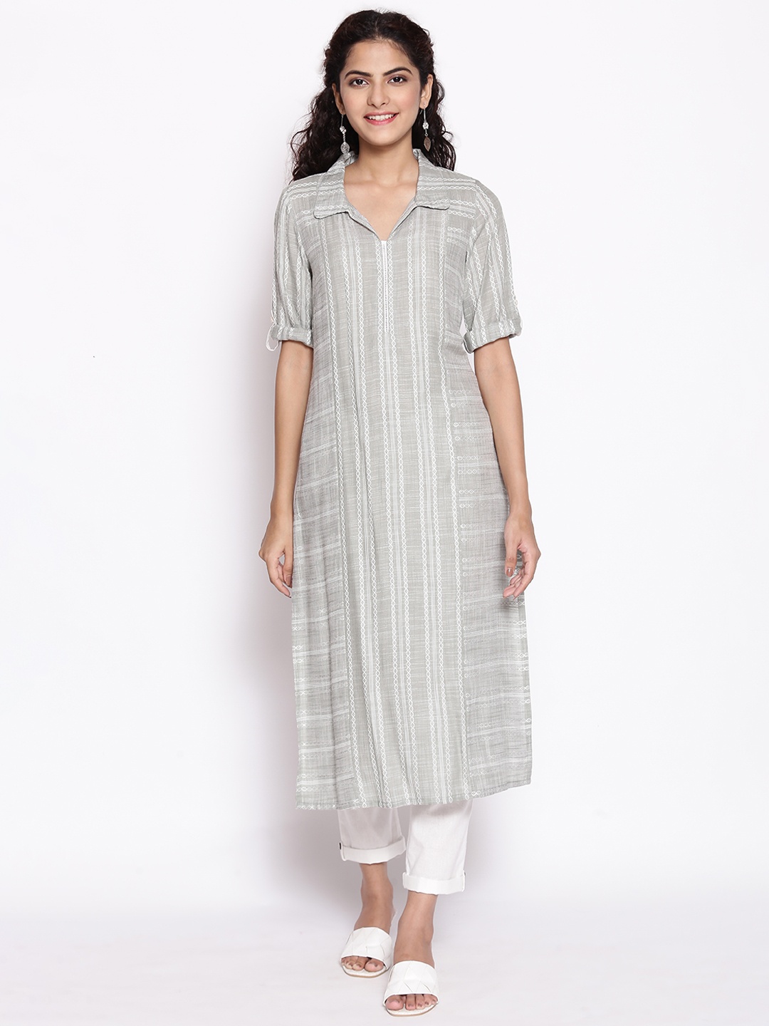 

AURELIA Women Green & White Striped Kurta