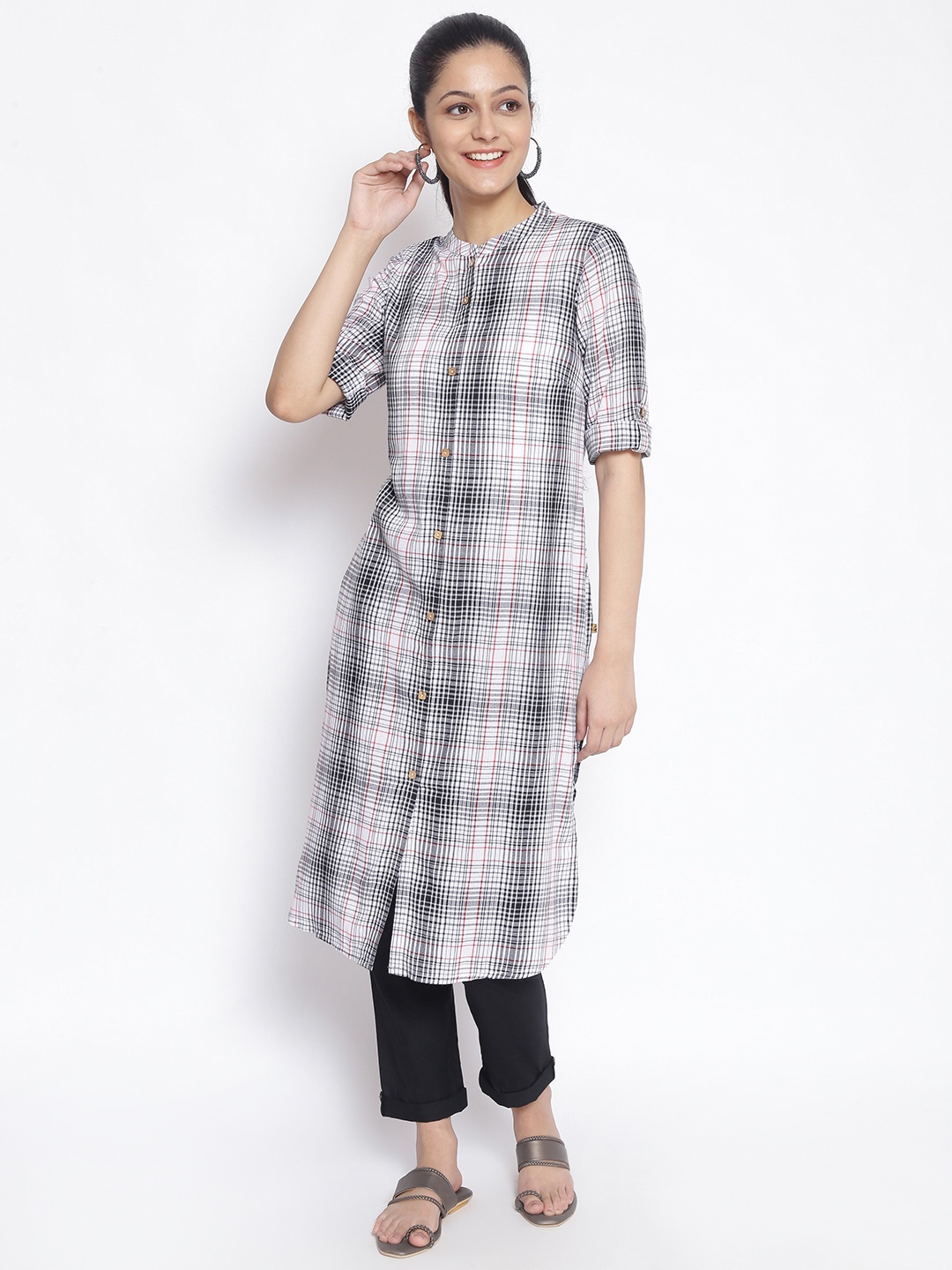 

AURELIA Women White & Black Checked Pathani Kurta