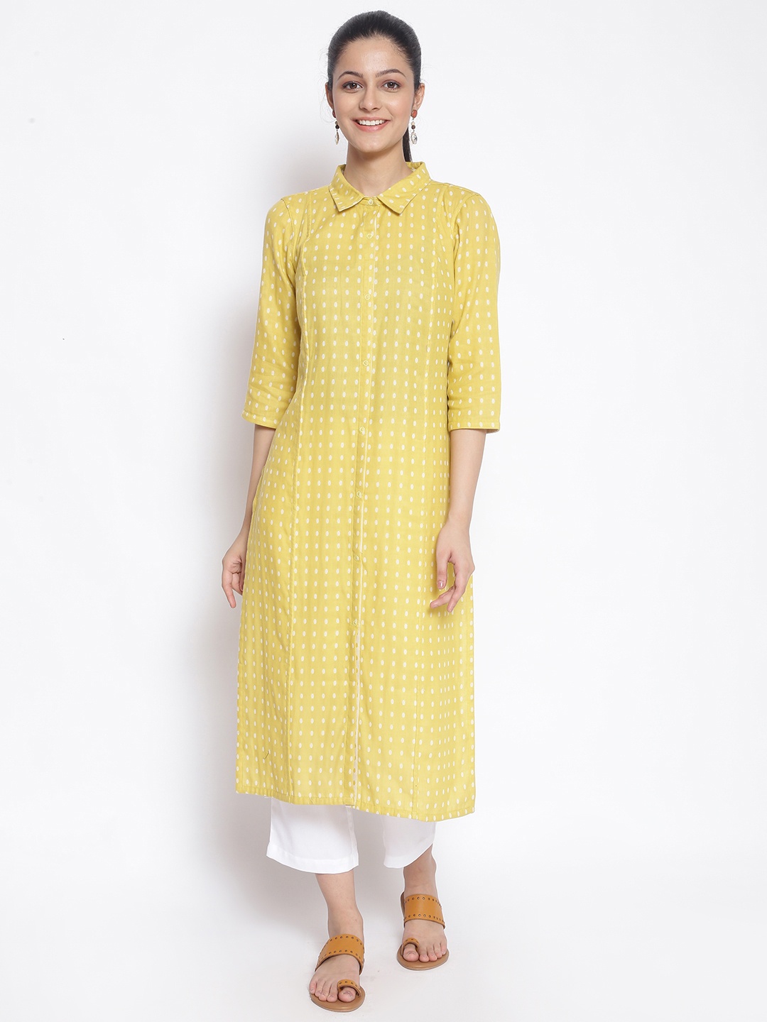 

AURELIA Women Yellow & White Geometric Printed Kurta