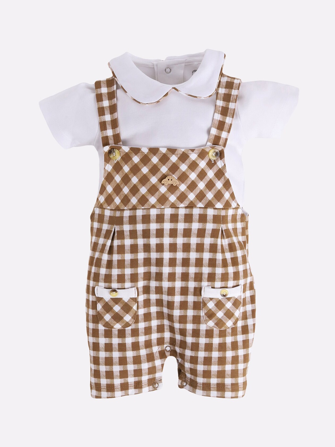 

BABY GO Infant Boys White & Brown Pure Cotton Dungaree With T-Shirt