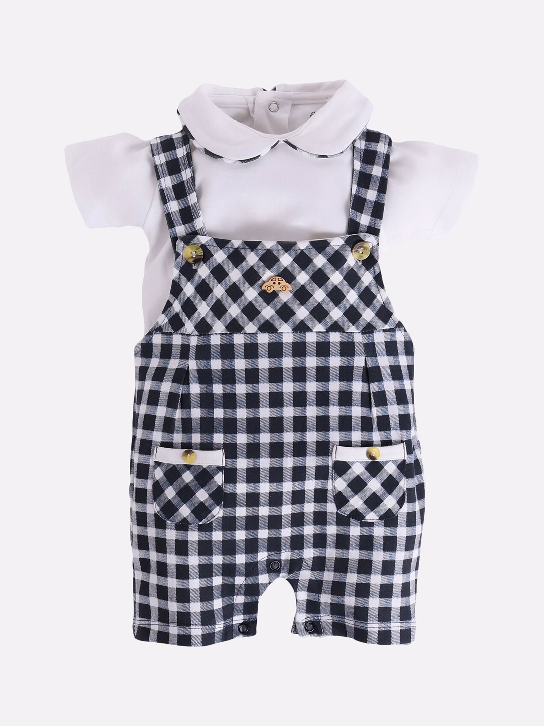 

BABY GO Infant Boys Black & White Checked Pure Cotton Dungarees