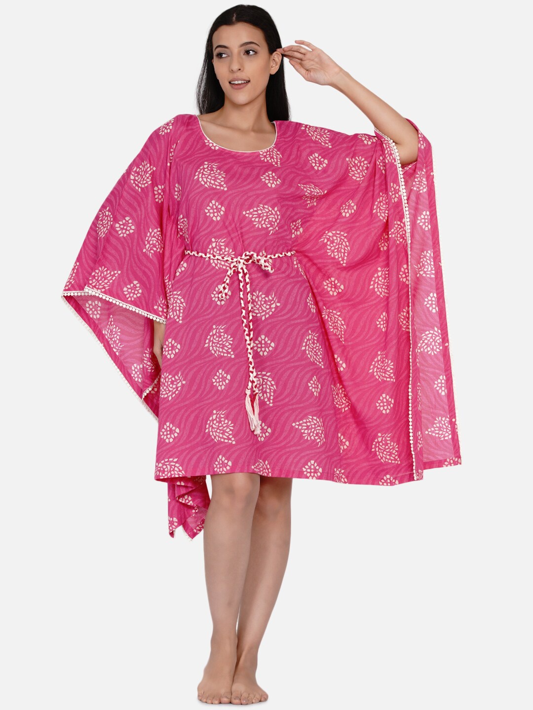 

The Kaftan Company Pink Printed Cotton Kaftan Nightdress With Belt