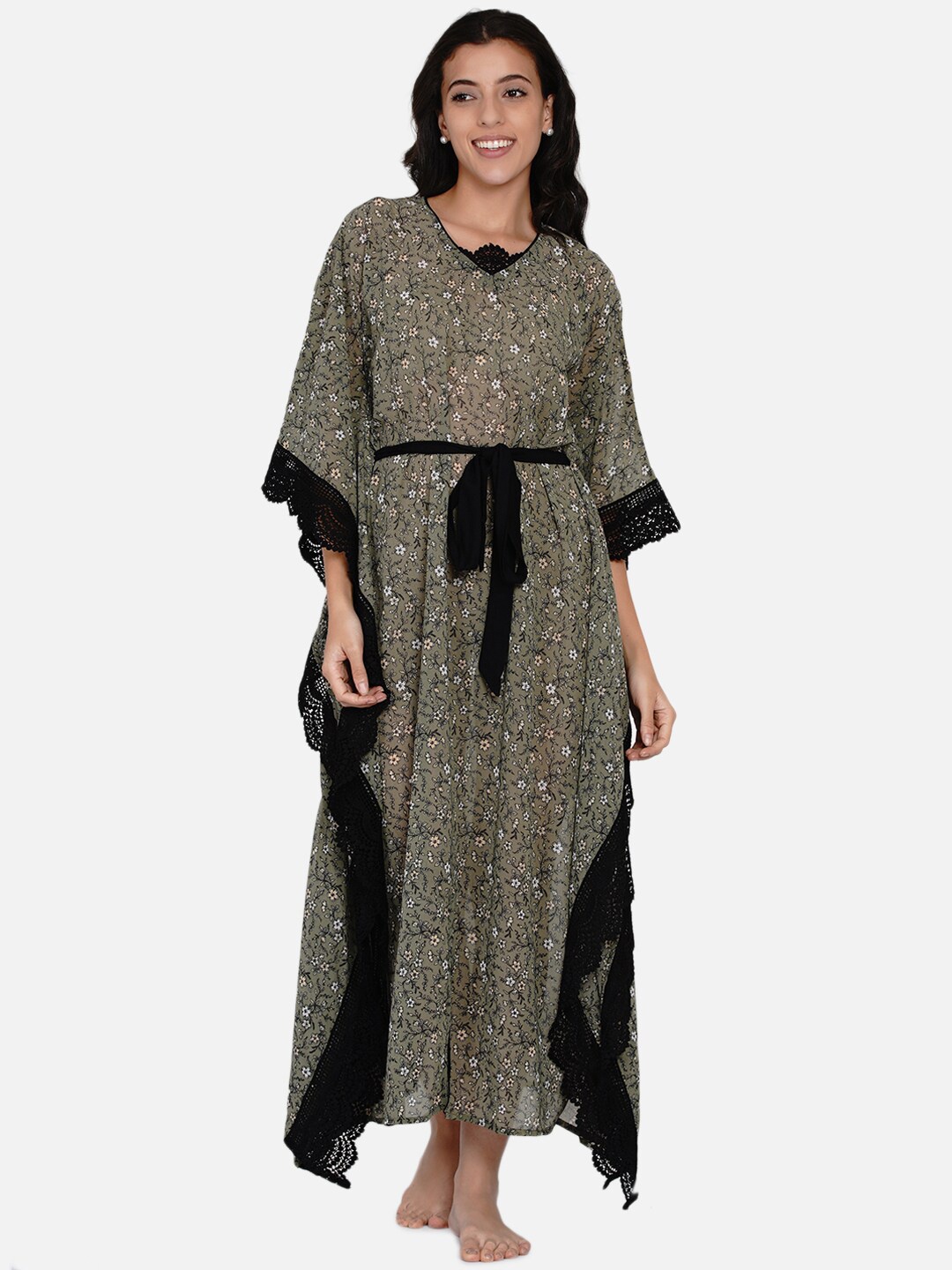 

The Kaftan Company Green Printed Maxi Nightdress
