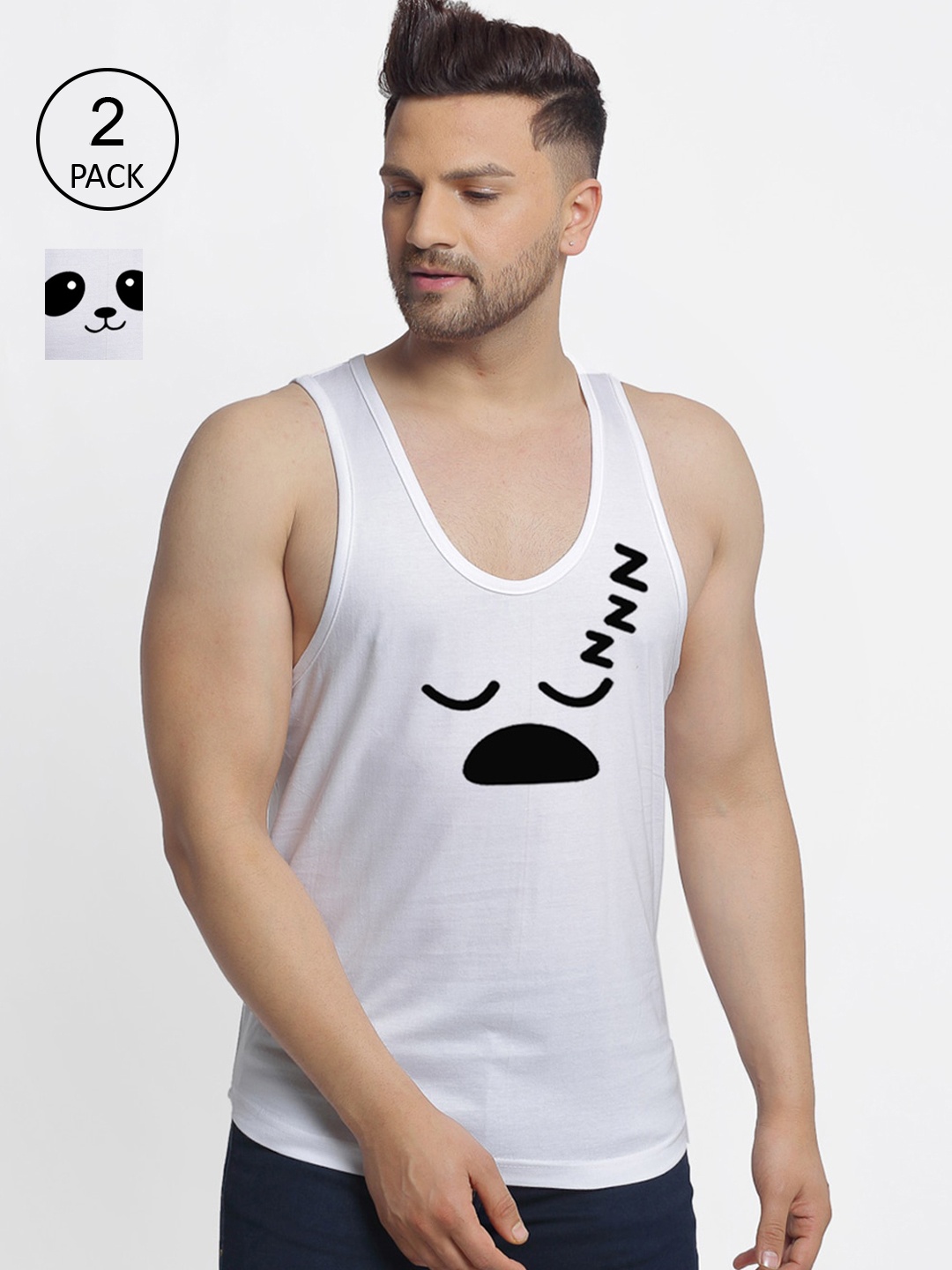 Friskers Pack Of 2 Printed Sleeveless Gym Vest, White