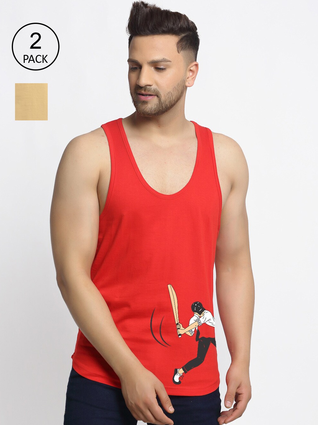

Friskers Pack Of 2 Printed Sleeveless Gym Vest, Beige