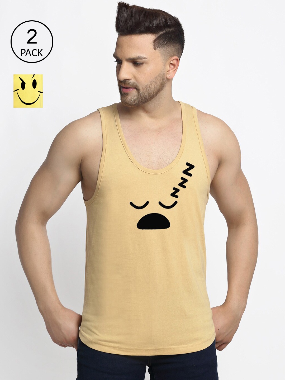 

Friskers Pack Of 2 Printed Sleeveless Gym Vest, Beige