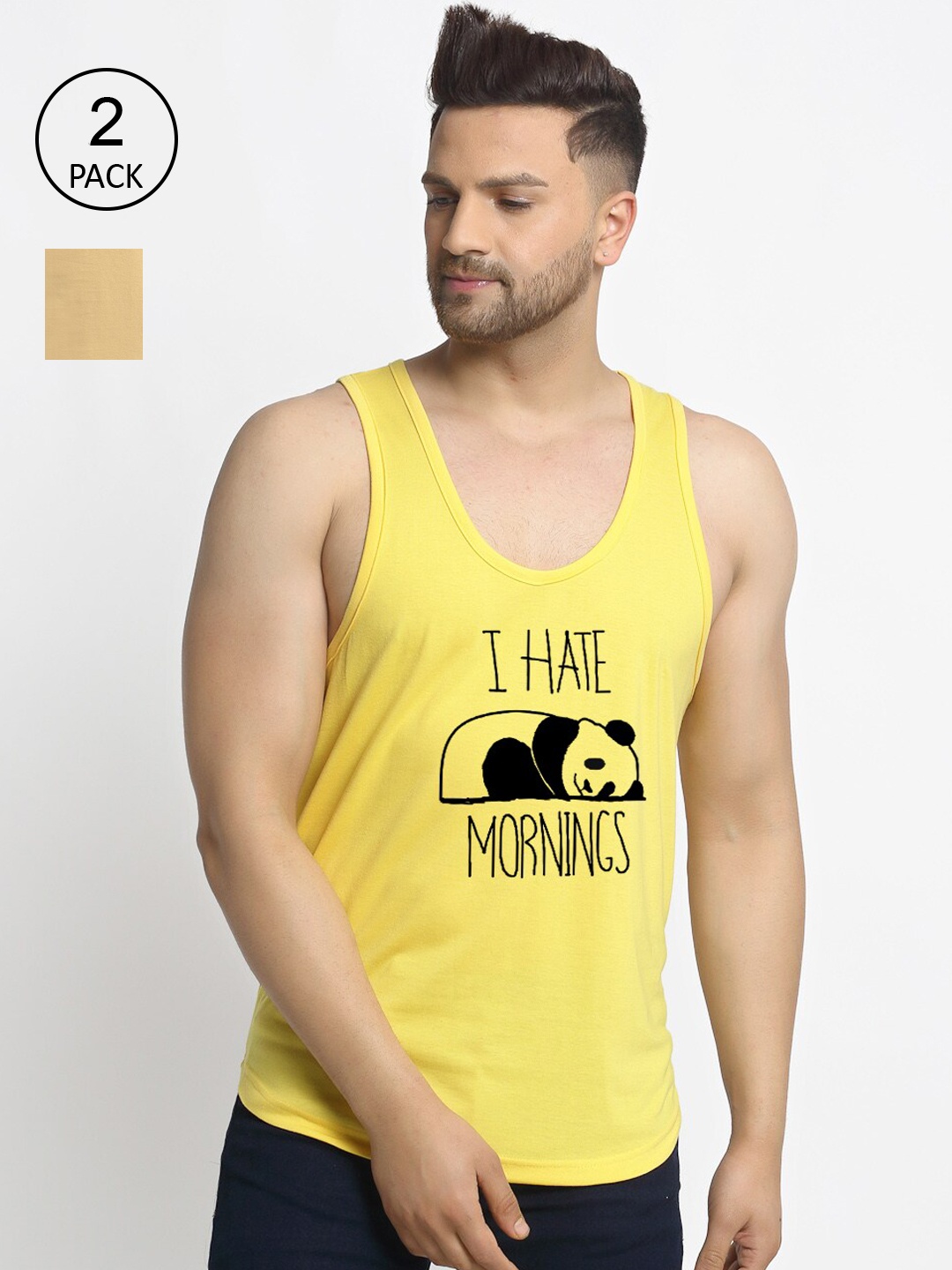 

Friskers Pack Of 2 Printed Sleeveless Gym Vest, Beige
