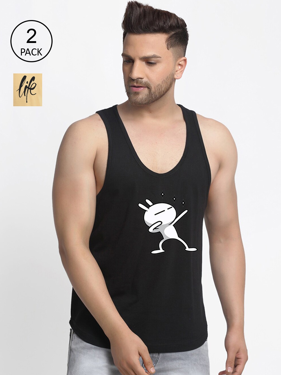 Friskers Pack Of 2 Printed Sleeveless Tank T-Shirts, Black
