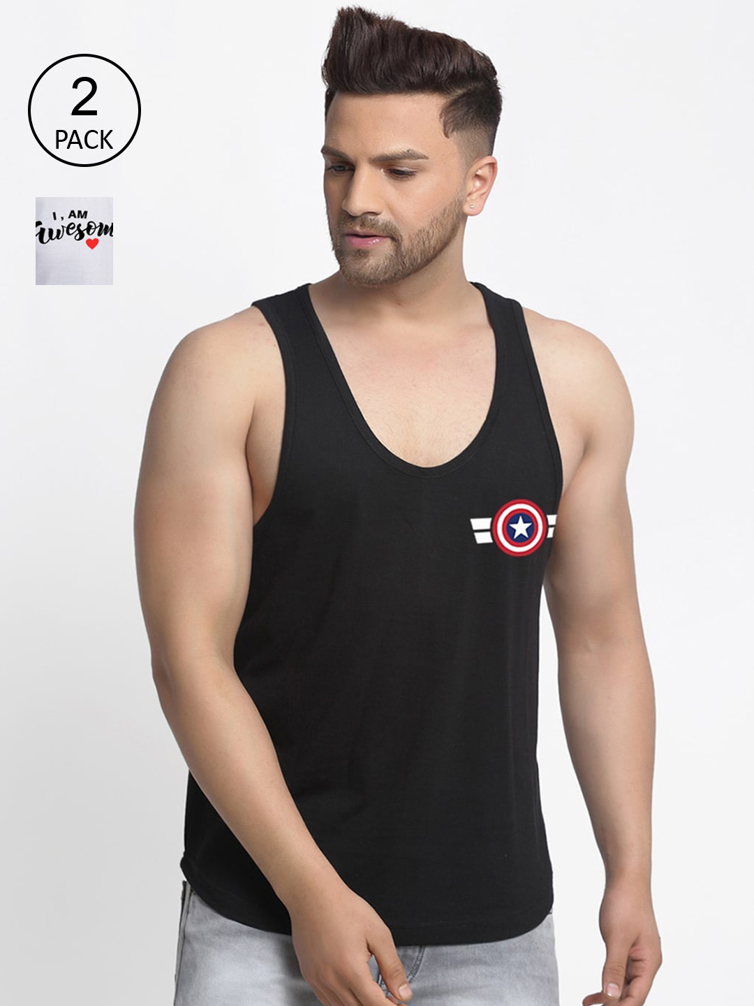 

Friskers Pack Of 2 Printed Sleeveless Gym Vest, Black