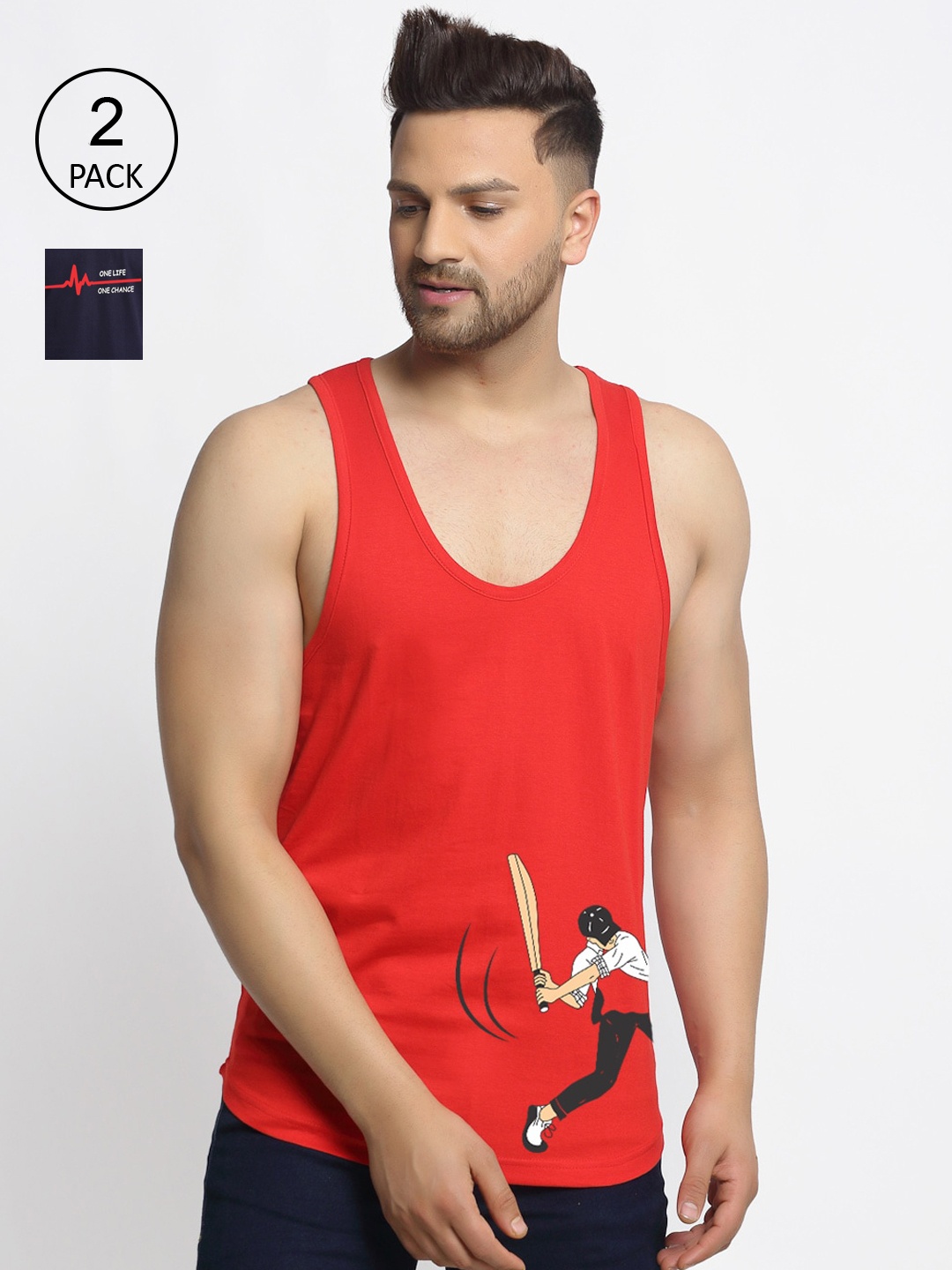 

Friskers Men Pack of 2 Printed Pure Cotton T-shirts, Red