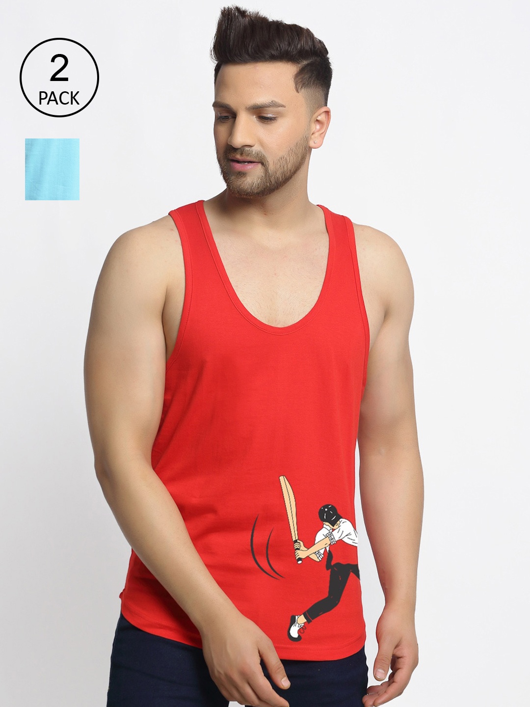

Friskers Men Pack of 2 Printed Pure Cotton T-shirts, Red