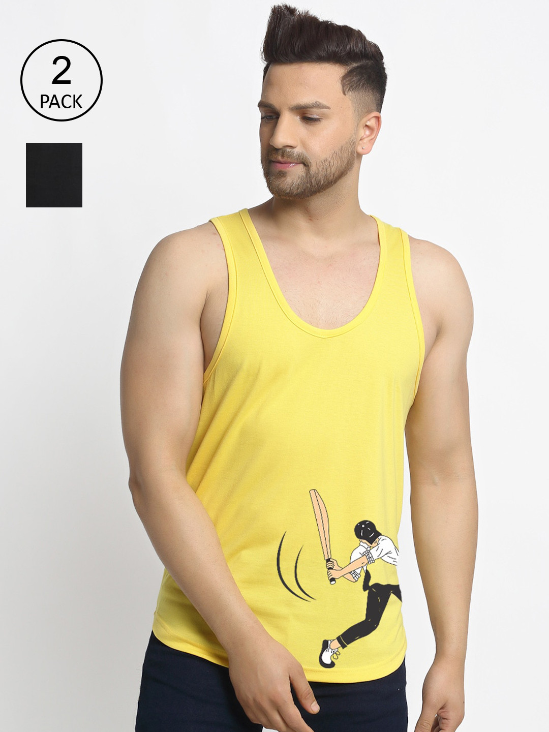

Friskers Men Pack of 2 Printed Pure Cotton T-shirts, Yellow