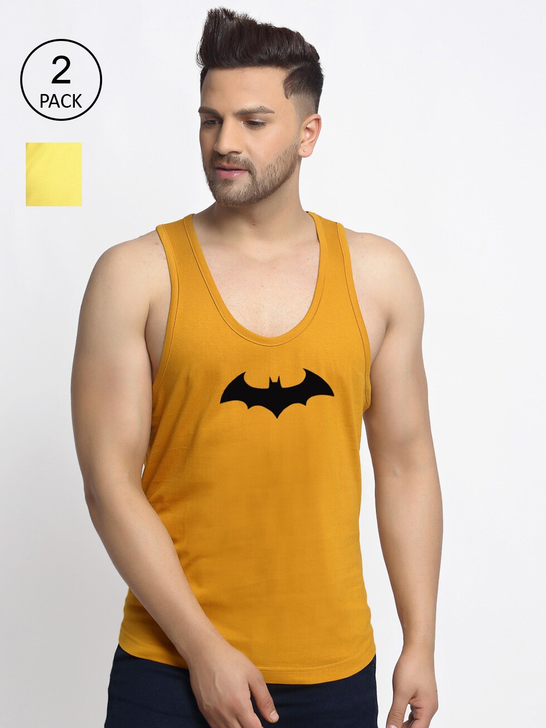 

Friskers Men Pack of 2 Printed Pure Cotton T-shirts, Yellow