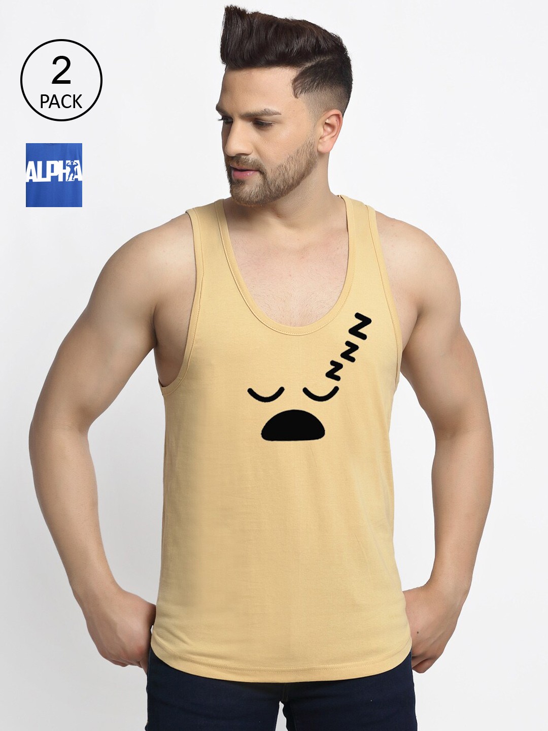 

Friskers Men Beige & Blue 2 Printed T-shirt