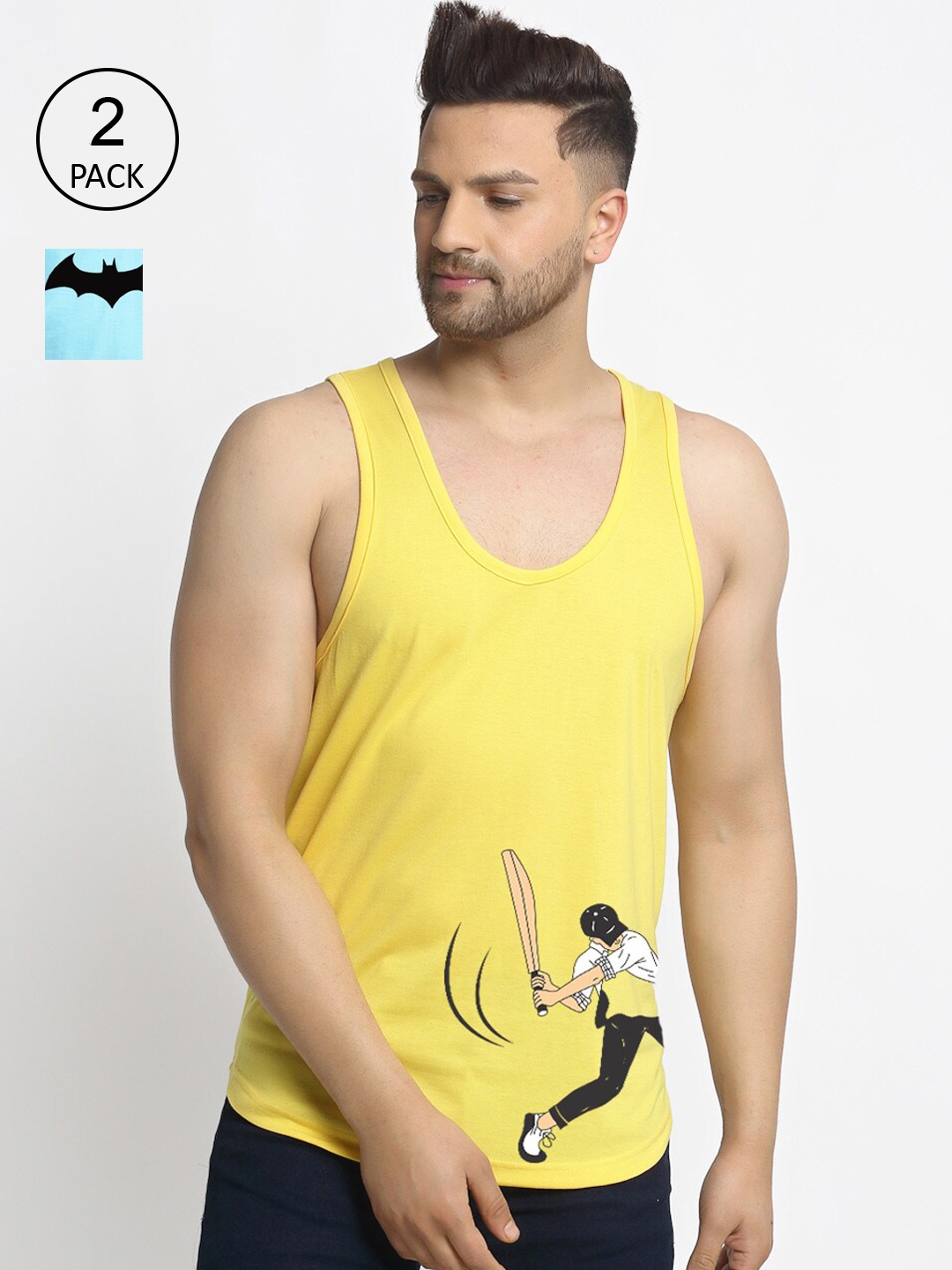 

Friskers Men Yellow & Turquoise Blue 2 Batman Printed T-shirt
