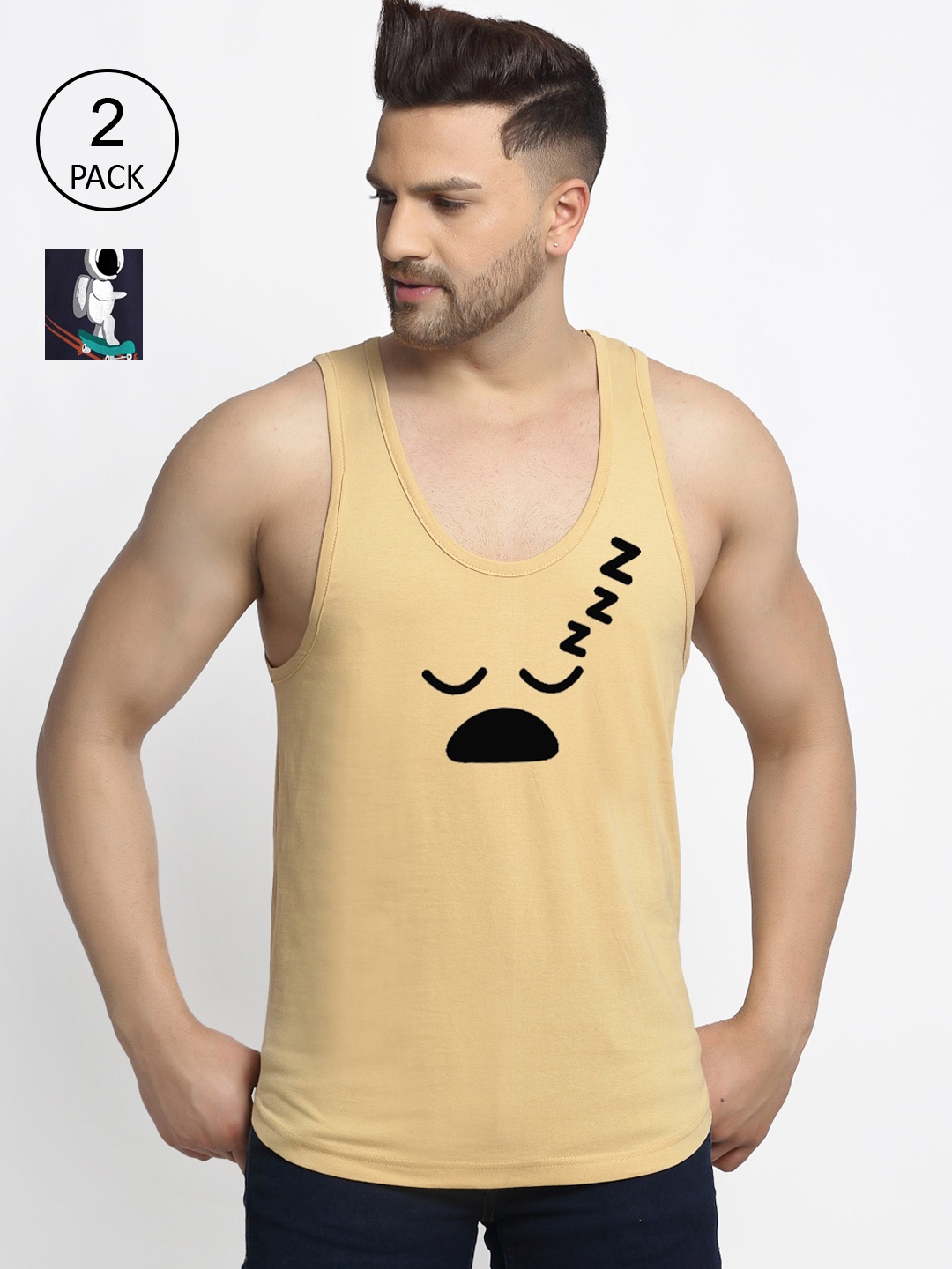 

Friskers Men Beige & Navy Blue 2 Printed T-shirt