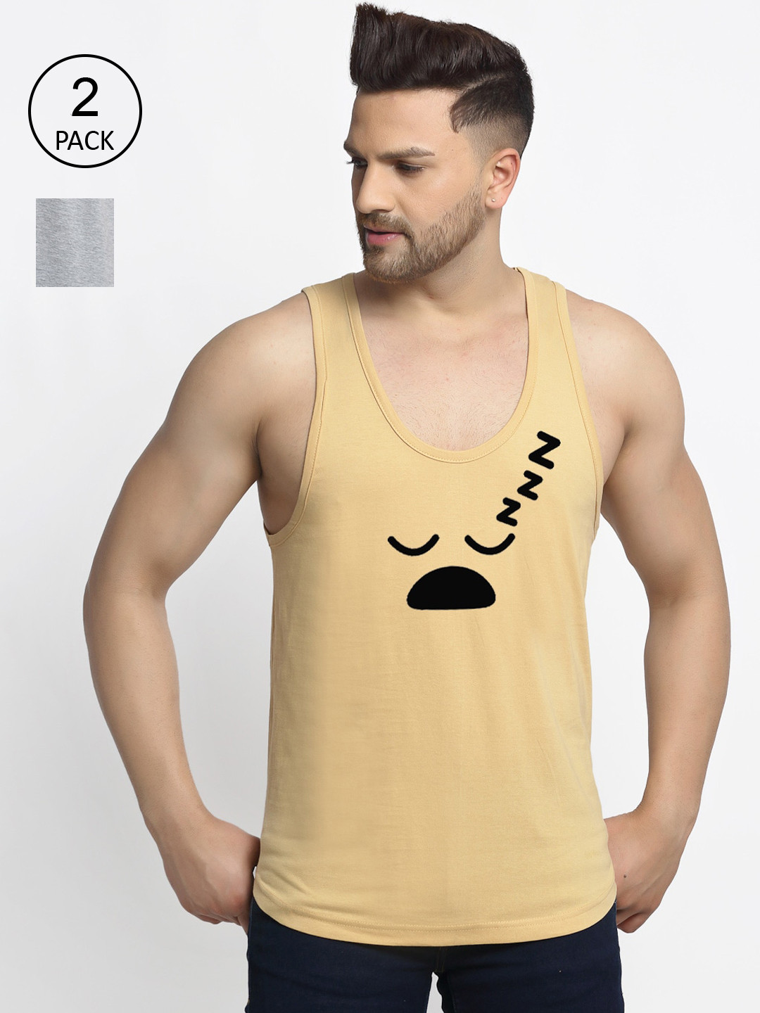

Friskers Men Beige & Grey 2 Printed T-shirt