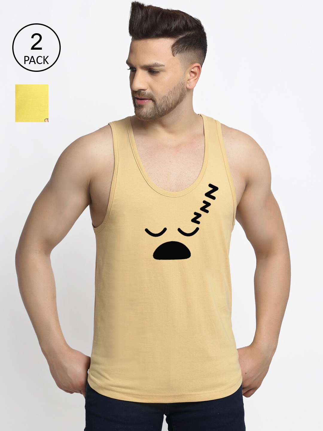 

Friskers Men Beige & Yellow 2 Printed T-shirt