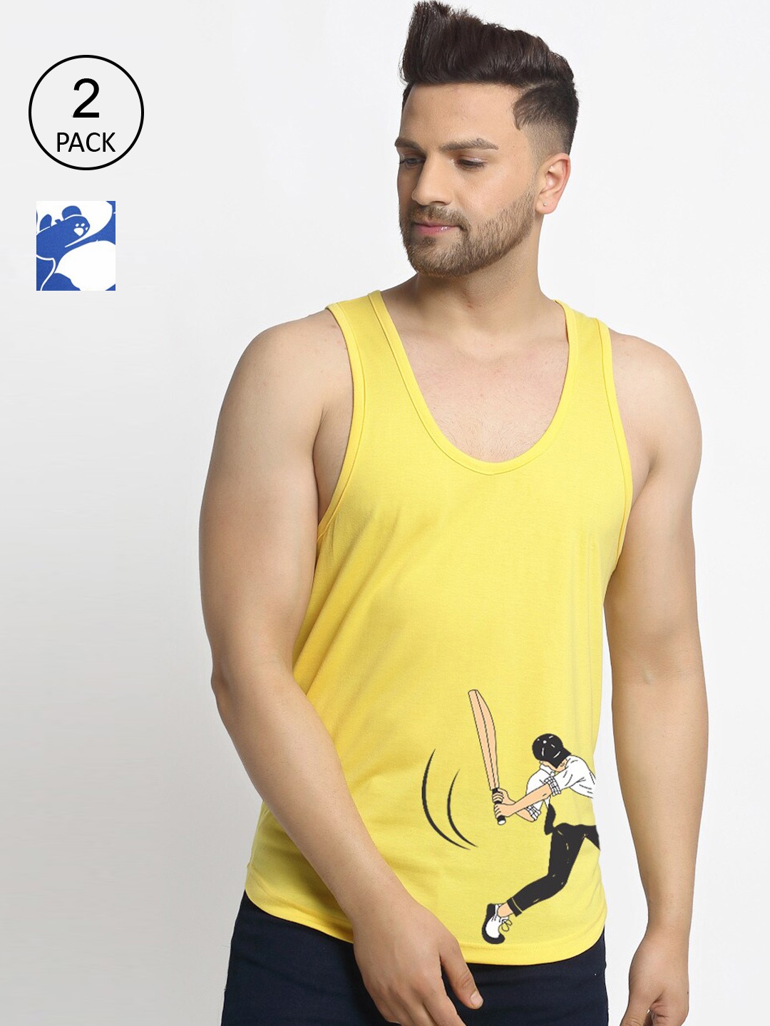 

Friskers Men Blue & Yellow 2 Printed Pure Cotton Tank T-shirts