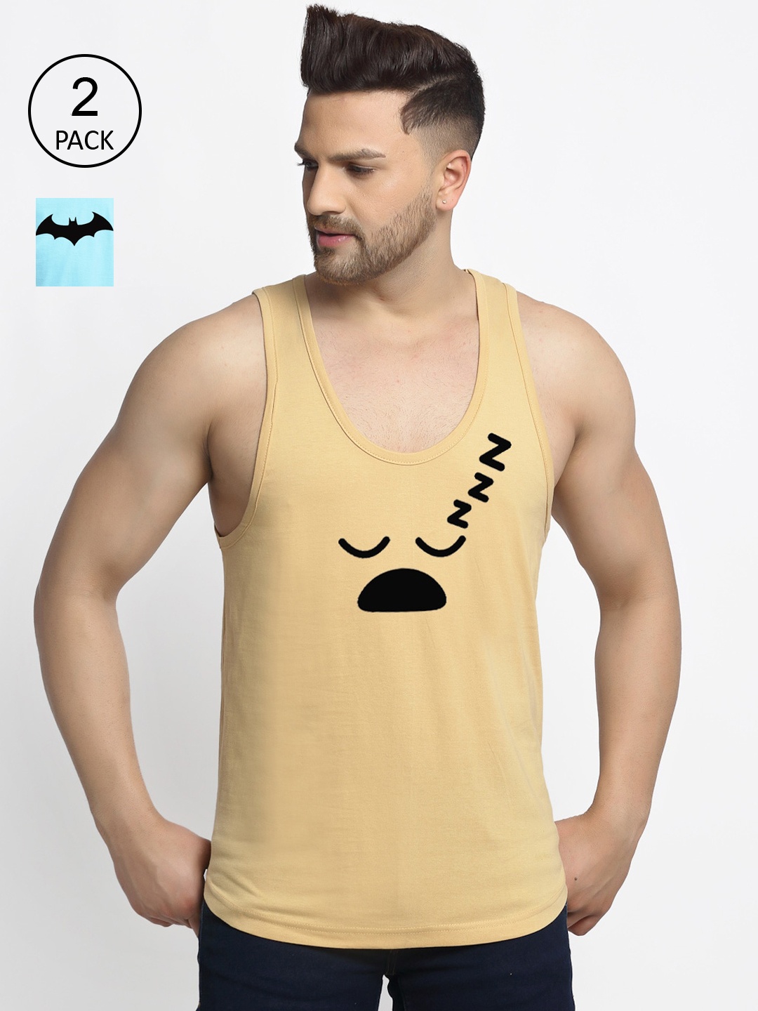 

Friskers Men Beige & Turquoise Blue 2 Batman Printed T-shirt