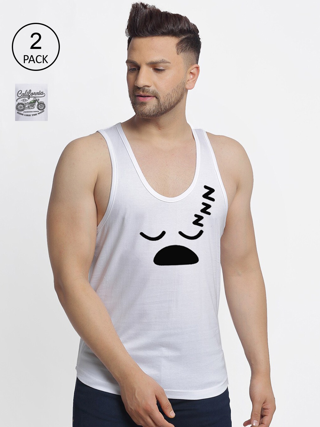 Friskers Men Pack Of 2 Printed Pure Cotton Innerwear Gym Vests, White