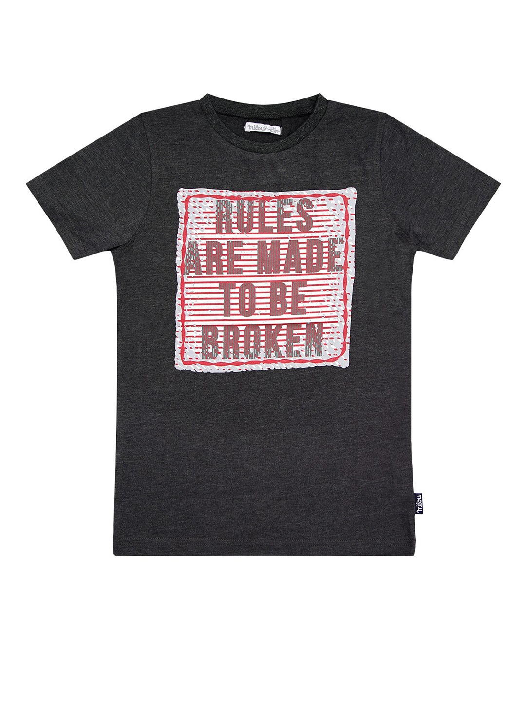 

milou Boys Charcoal & Red Typography Printed T-shirt