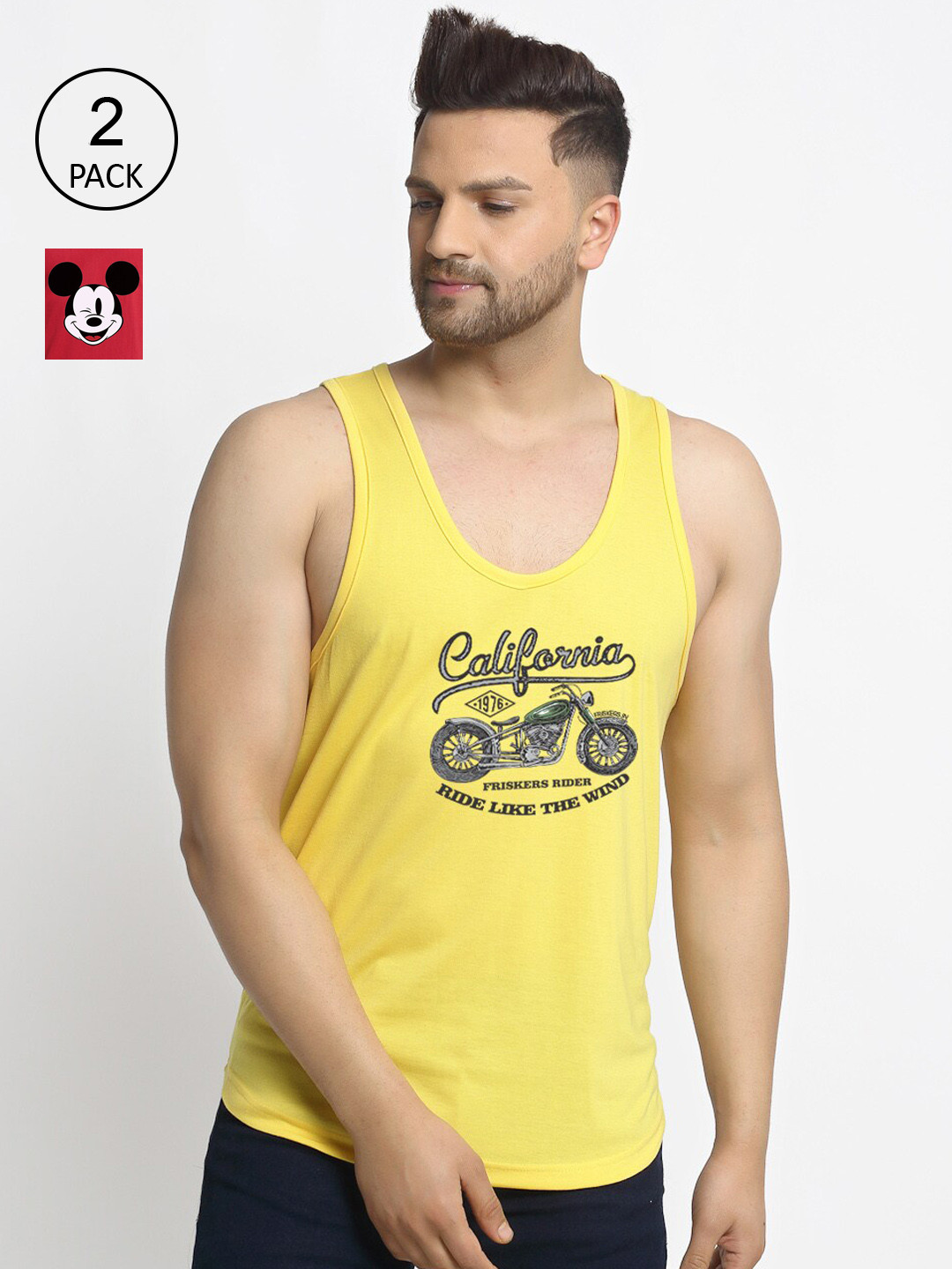 

Friskers Men Pack Of 2 Maroon Yellow Mickey Mouse Printed Pure Cotton T-shirt