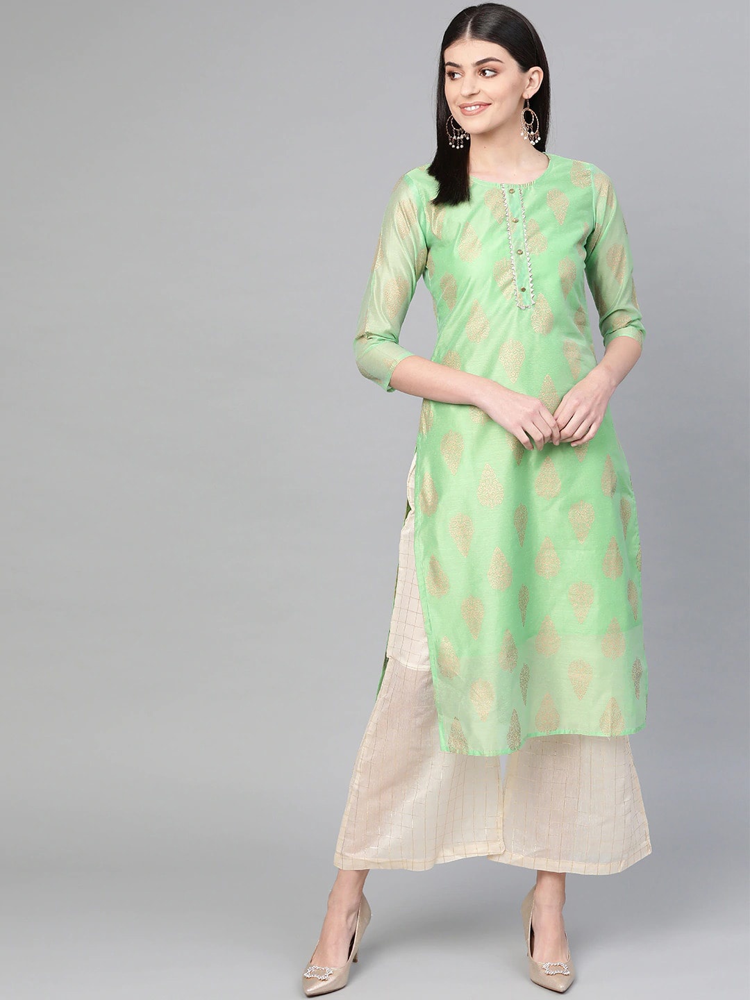 

Yufta Women Green Ethnic Motifs Printed Regular Chanderi Cotton Kurta with Palazzos