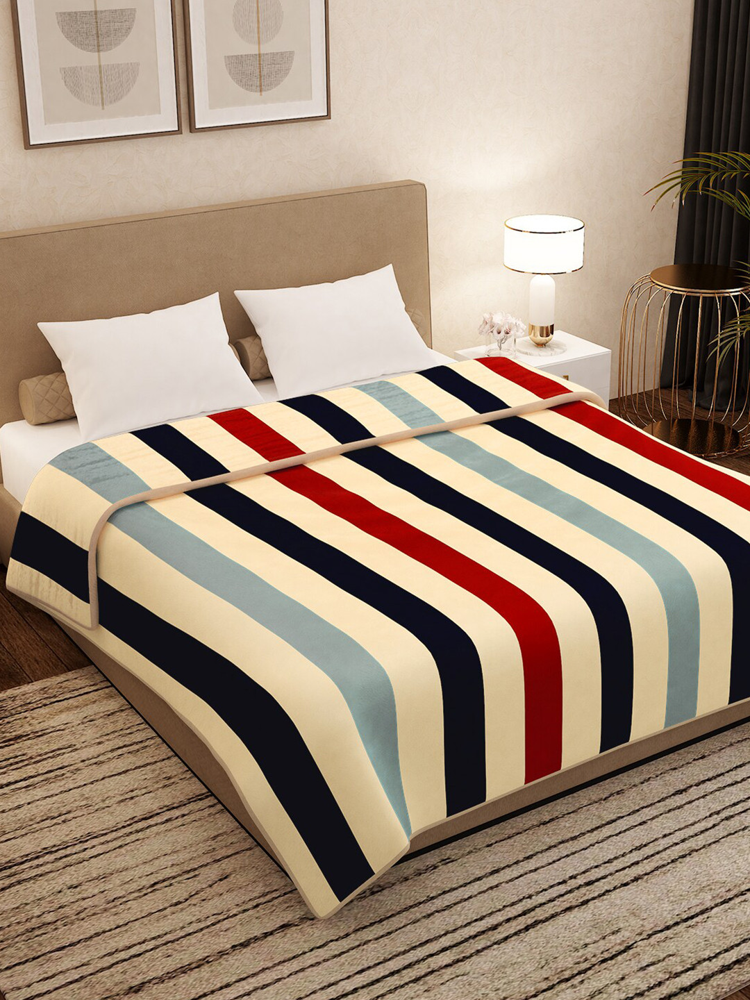 

Story@home Cream-Colour Striped AC Room 400 GSM Light Weight Double Bed Blanket