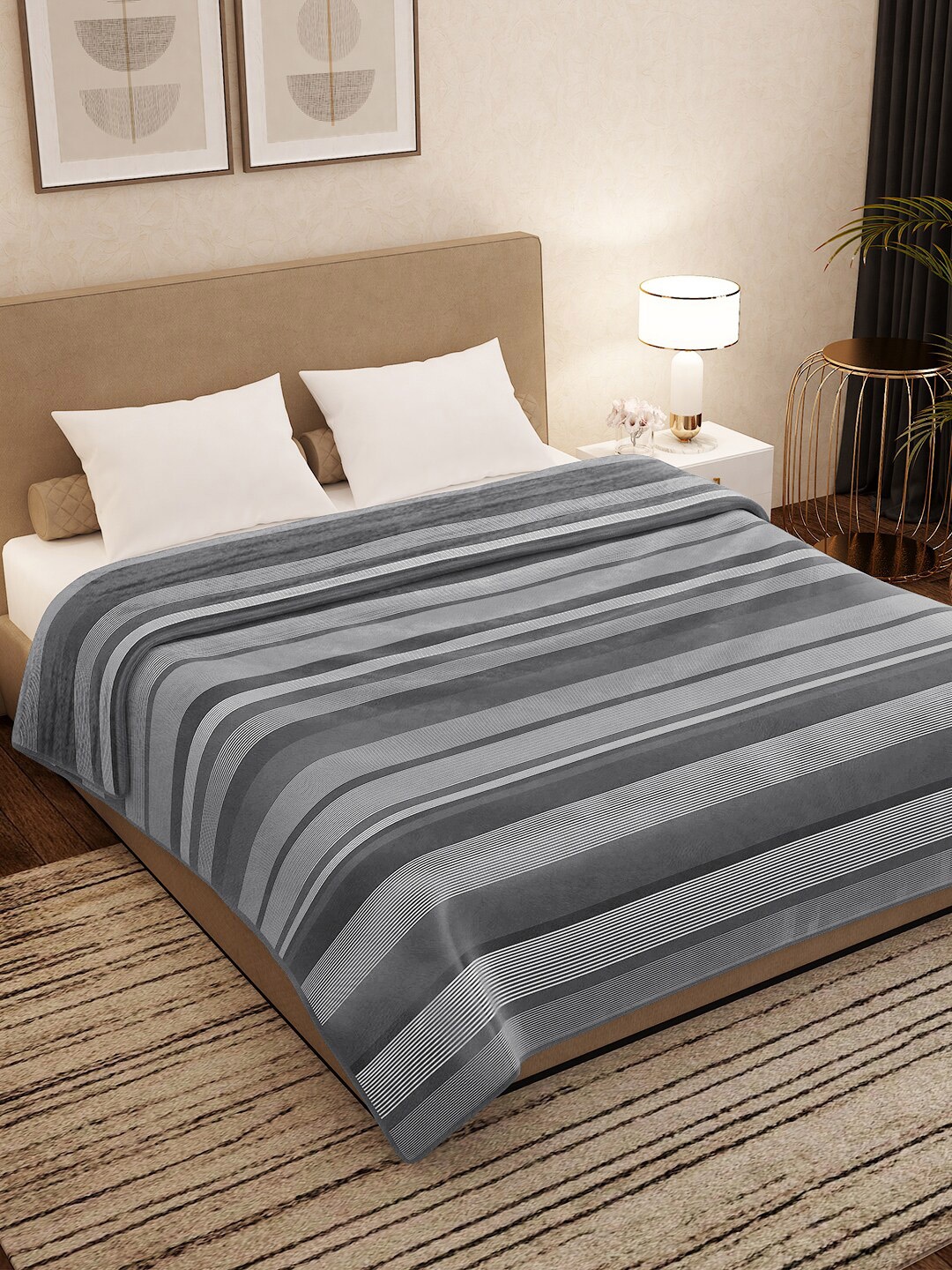 

Story@home Grey Striped AC Room 400 GSM Light Weight Double Bed Blanket