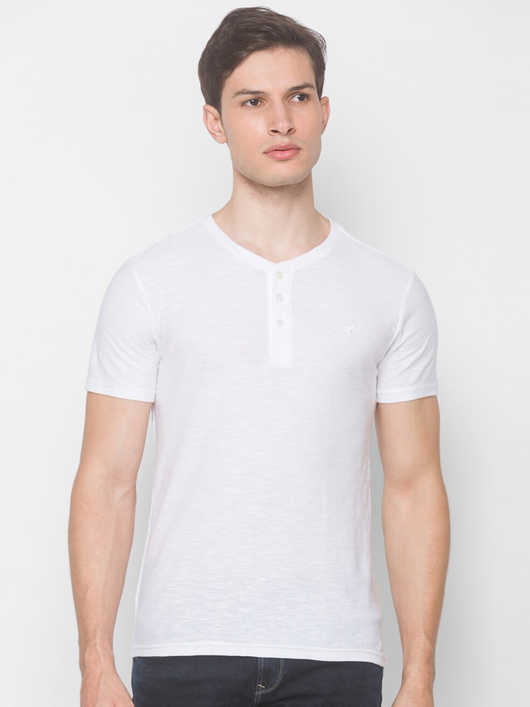 

Globus Men White Henley Neck Slim Fit Pure Cotton T-shirt