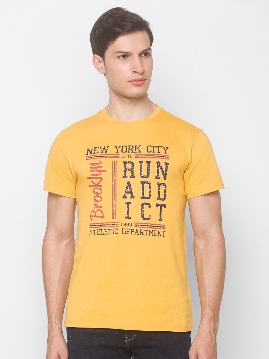 Globus Men Mustard Yellow Black Printed Pure Cotton T-shirt