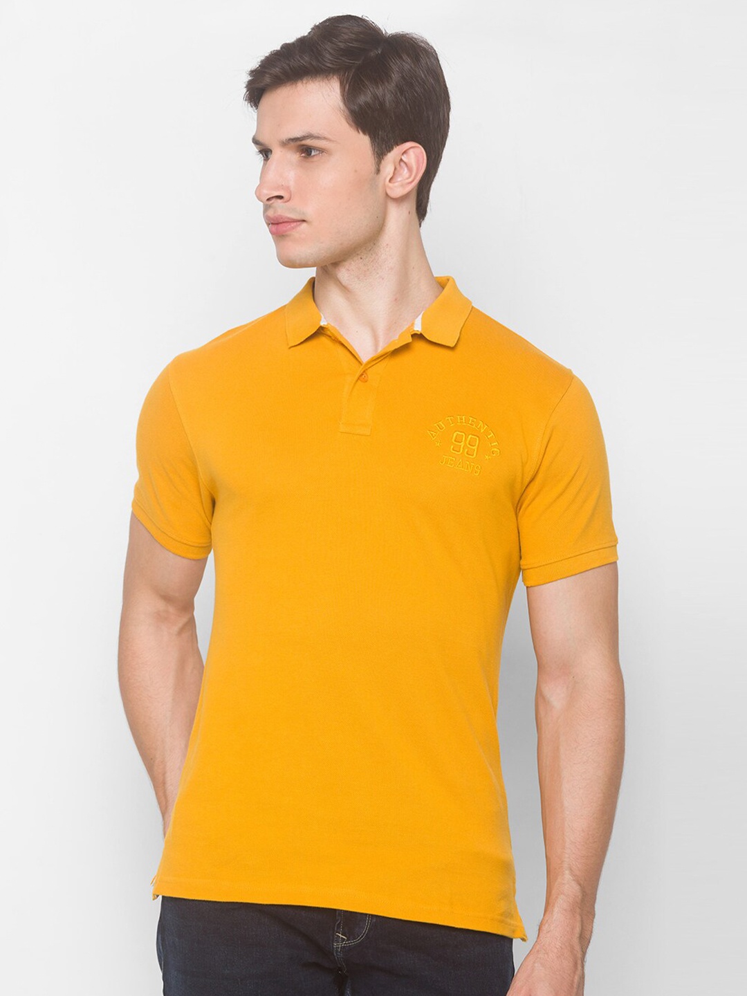 

Globus Men Mustard Yellow Polo Collar Pure Cotton T-shirt