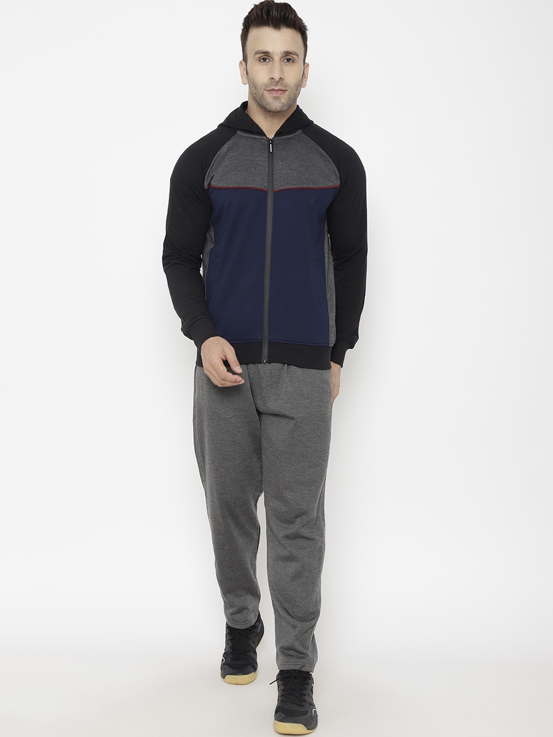 

Chkokko Men Grey & Navy Blue Colourblocked Winter Tracksuit