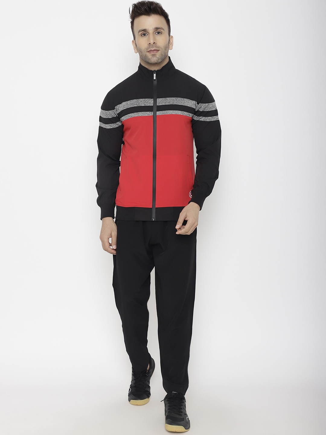 CHKOKKO Men Black & Red Colourblocked Sports Tracksuit
