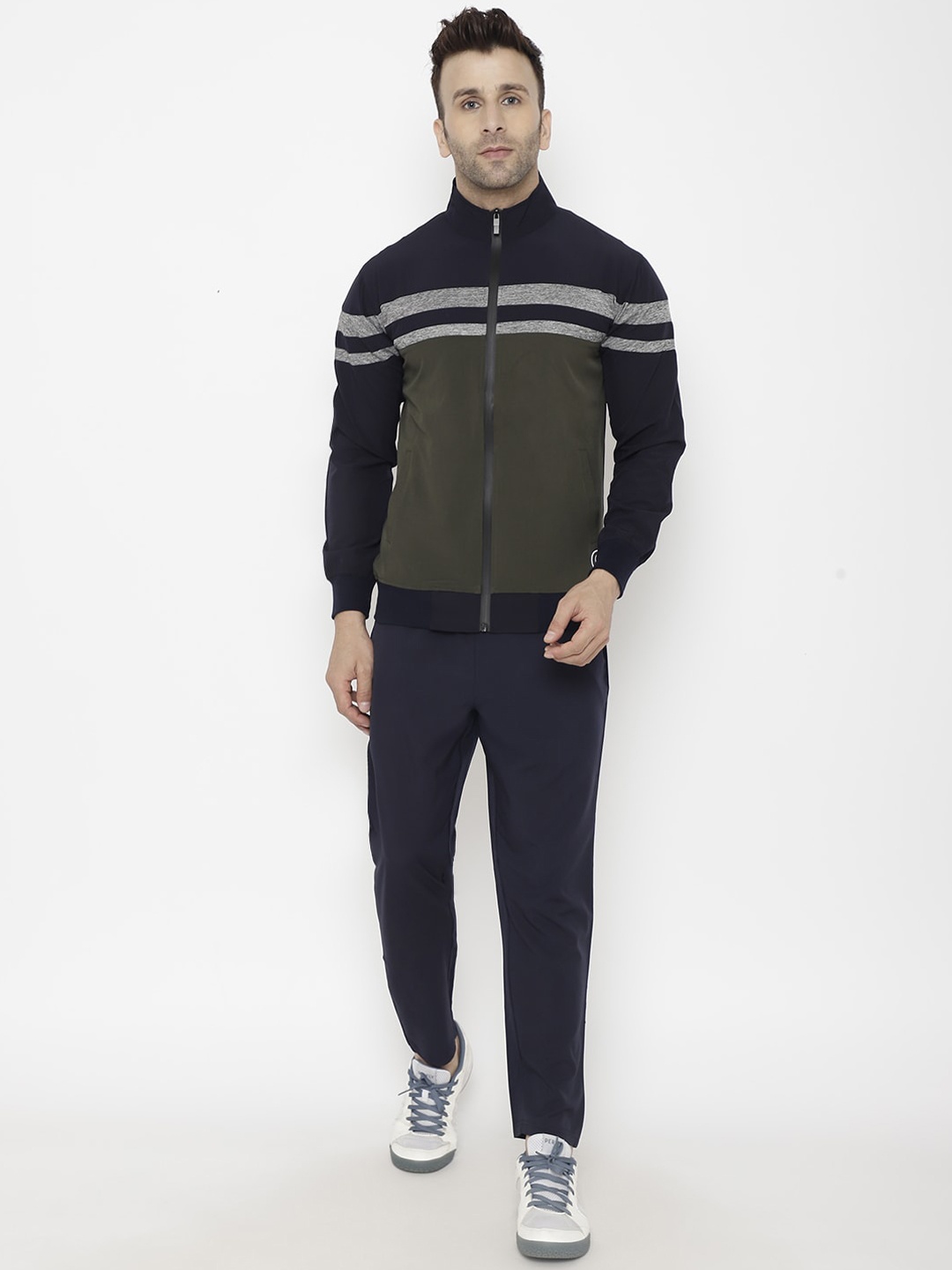 

Chkokko Men Navy Blue & Olive Green Striped Sports Tracksuit